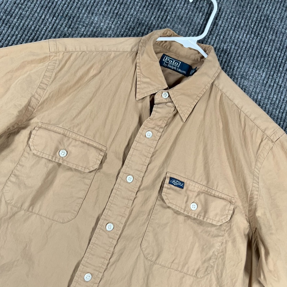 Polo Ralph Lauren Shirt Mens Medium Tan Solid Short Sleeve Button Up Casual